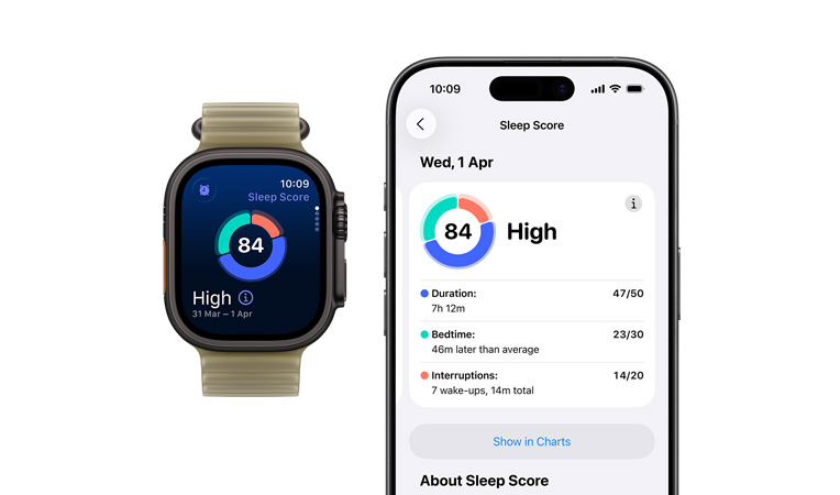 Apple Watch Ultra 4 z kopertą z tytanu w kolorze czarnym, wykres kołowy z wynikiem snu i jego oceną, pasek Ocean w kolorze półprzezroczystej algi (jasnobrązowozielonym), pełna analiza snu otwarta na sparowanym iPhonie