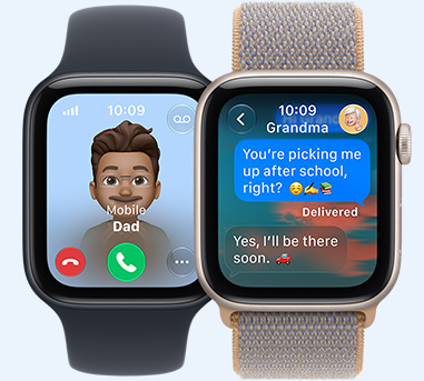 Apple Watch SE 3 devices, screens show incoming call from Dad, Messages with Grandma, connected to Sport Band, black color, Sport Loop, chambray blue color (light blue-gray)