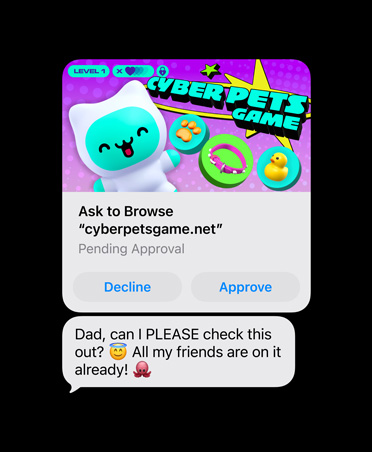 Screen showing text message with cyberpetsgame.net screengrab, Decline and Approve buttons under graphic, message text reads: Dad, can I please check this out, all my friends are on it already
