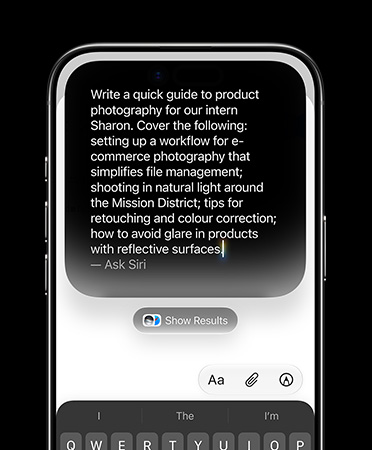 iPhone Air, screen showing detailed typed prompt for Write with Siri to create a draft