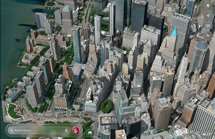 Apple Maps แสดงมุมมองทางอากาศของเมืองที่แสดงให้เห็นรายละเอียดอย่างตึก ถนน และพื้นที่สีเขียว