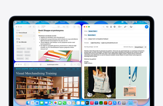 MacBook Neo, Indigo renk, ekranda bir kitapçının yeni çalışanı için yazılan karşılama mail’i gösteriliyor, üst üste duran diğer pencerelerde ise işe alımla ilgili bilgileri içeren Notlar belgesi ve kitapçının çalışan portalı web sitesini gösteren Safari tarayıcısı yer alıyor