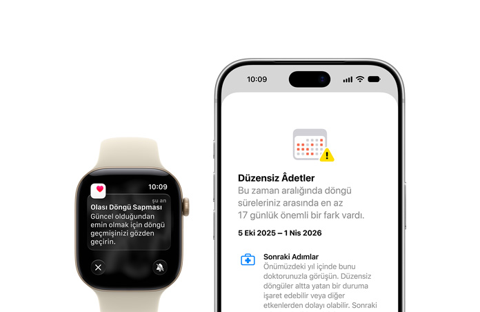 HeaApple Watch Series 12’nin ekranında Sağlık Uygulaması’ndaki Döngü İzleme özelliğinden gelen Olası Döngü Sapması bildirimi gösteriliyor, Uçuk Altın Rengi Alüminyum kasa ve Kum Beji Spor Kordon, yanında iPhone 18 Pro