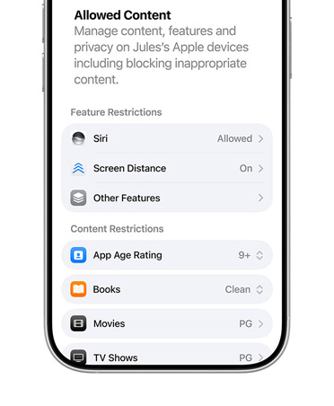 iPhone displaying content and privacy restrictions options for Child Account.