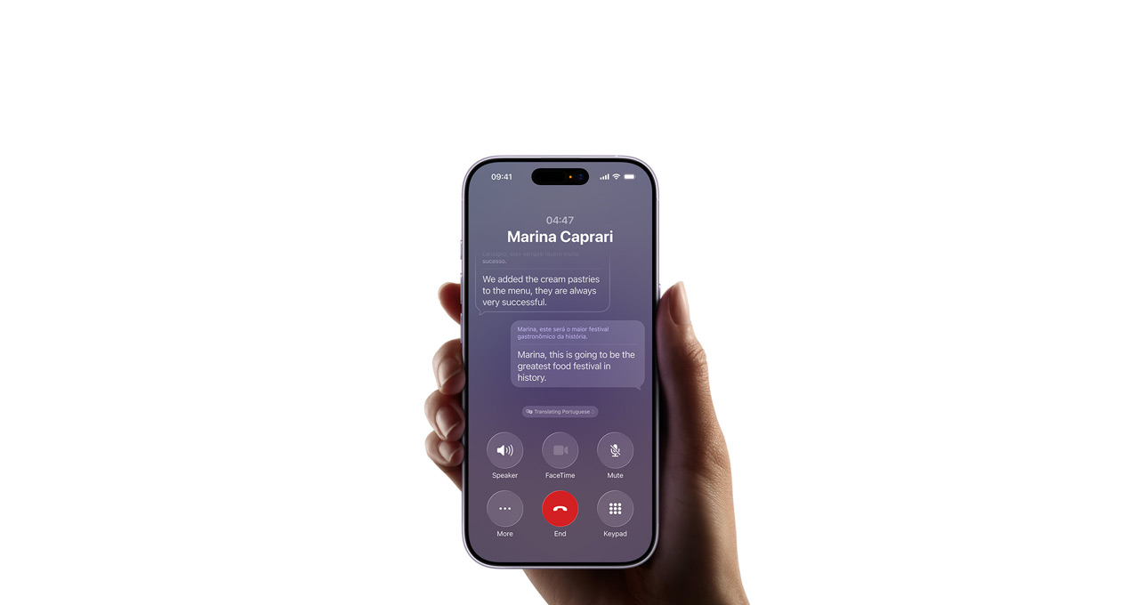 A hand holds an iPhone 17, demonstrating the Apple Intelligence Live Translation feature
