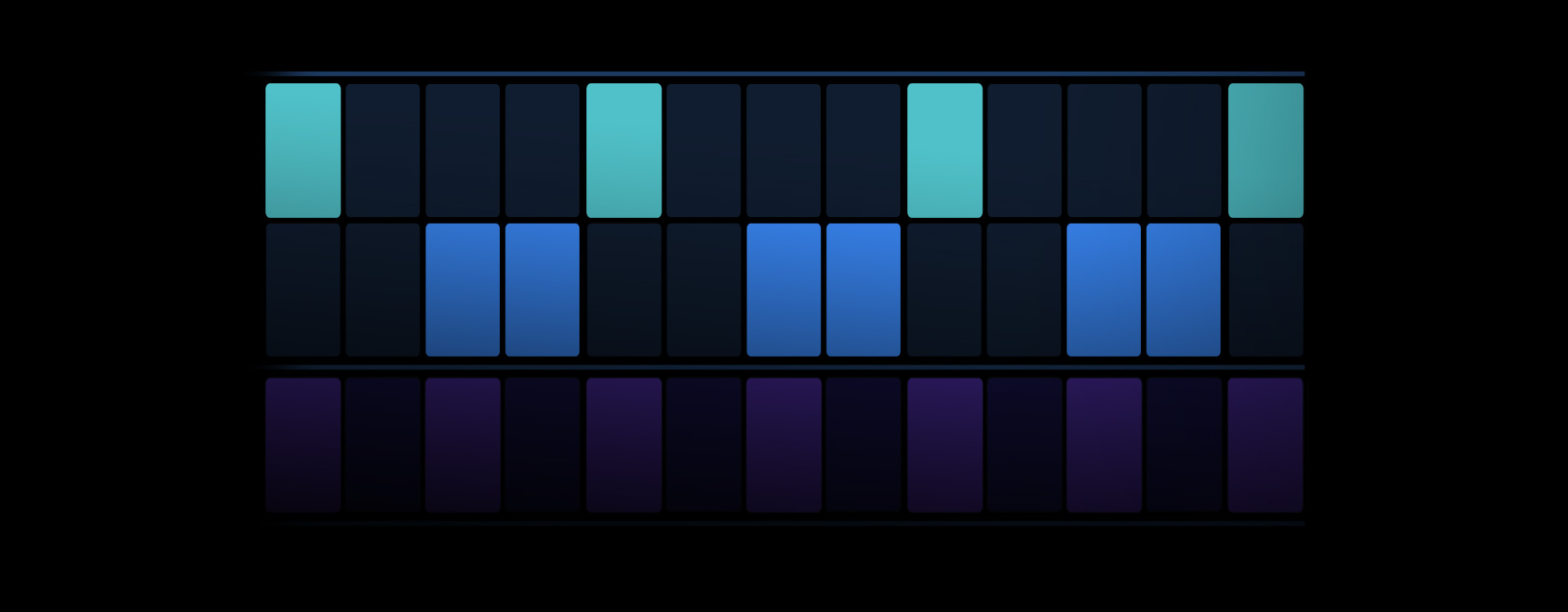 Logic Pro screen, interface for sequencing beats with turquoise, navy, and purple buttons