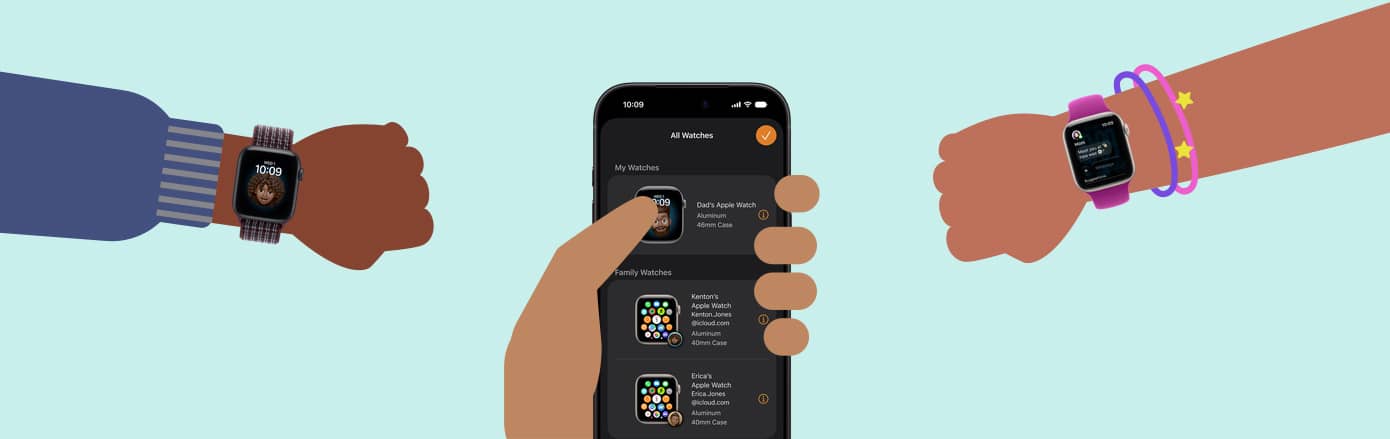Illustration of two children's wrists wearing Apple Watch SE 3, adult hand holding an iPhone device
