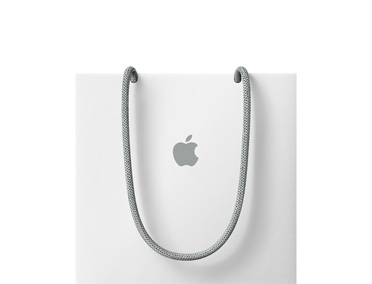 Bolsa de Apple blanca, asas grises, logo de Apple de color gris en el centro