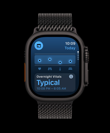 Apple Watch Ultra 3, black color, titanium case, Vitals app, chart scoring health, Overnight Vitals outliers notification, band, black Milanese Loop