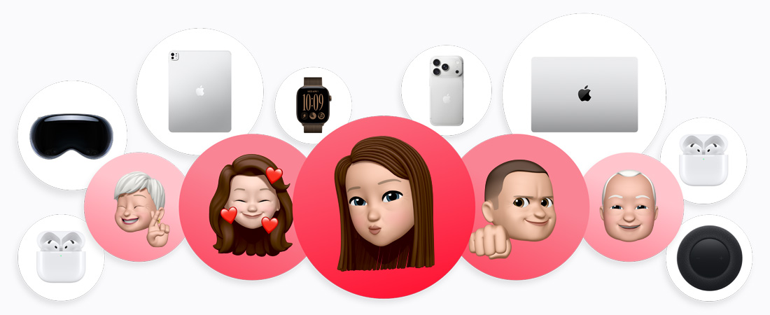 A group of family members represented by custom Memojis and various Apple products, including an AirPod 5, an Apple Vision Pro, an iPad Pro, an Apple Watch Series 12, an iPhone Pro 18, a MacBook Pro, an AirPod 5, and HomePod