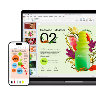 En Mac og en iPhone set forfra viser forskellige dele af den samme levende og farverige præsentation med fokus på et hudplejeprodukt.