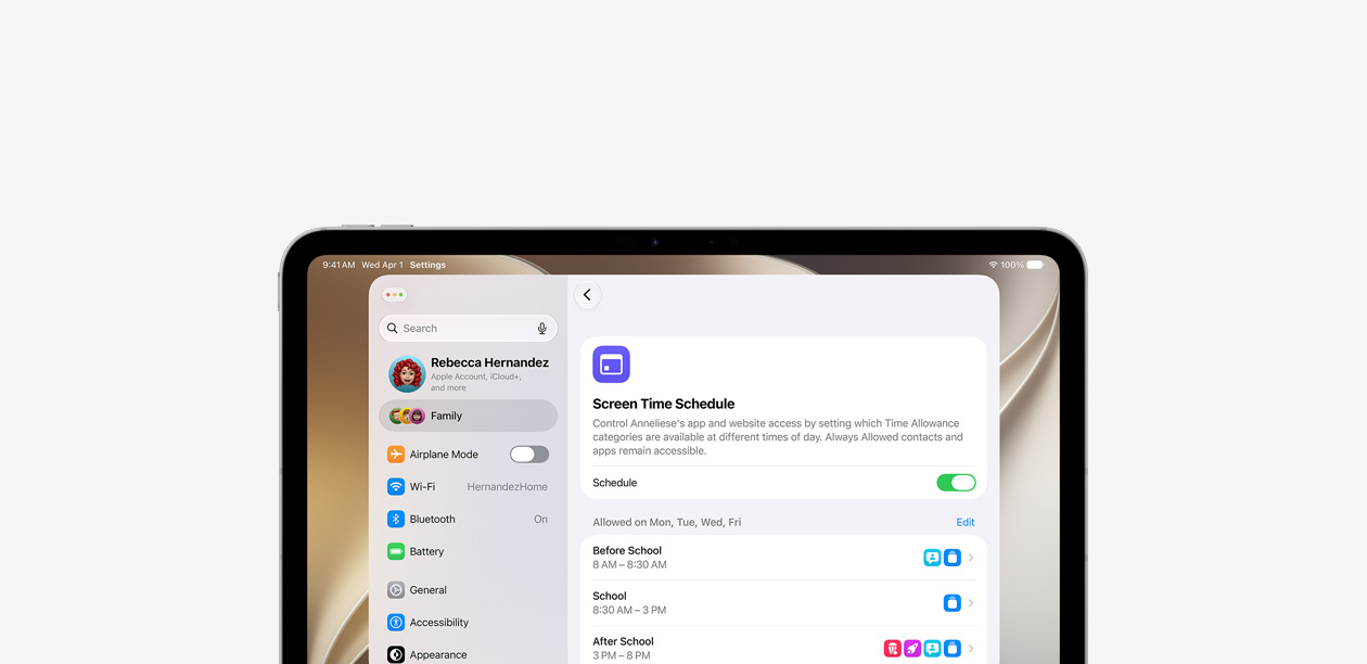 iPad displaying the Screen Time Schedule feature with a horizontal timeline showing which categories of apps and websites are allowed before school, during school, and after school.