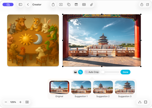 フリーボードアプリの画面。Apple Creator Studioの2つの機能、画像生成と自動切り取りが表示されている