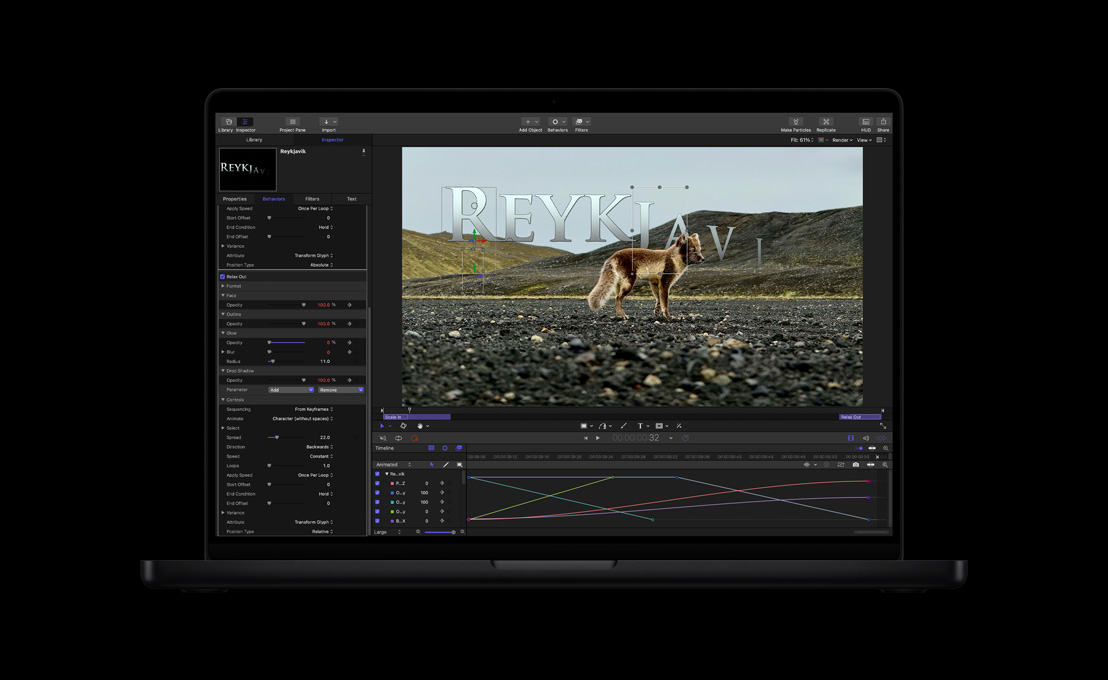 MacBook Pro 16, wolf on barren landscape, demonstration of text animation