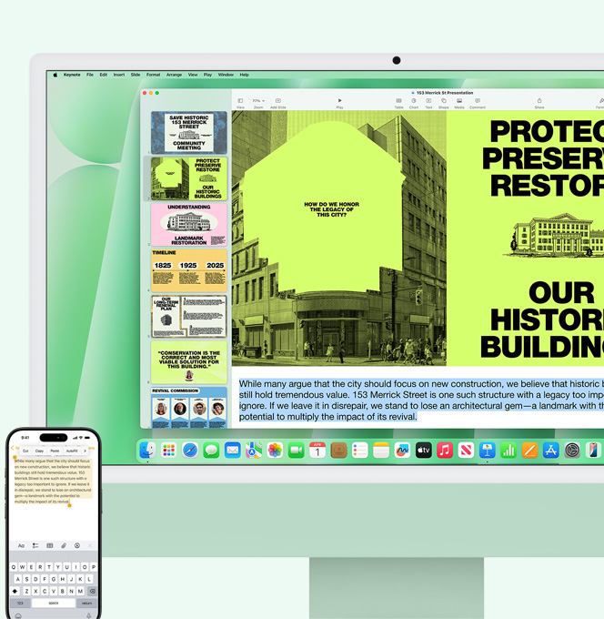 Green iMac and iPhone side by side. Text from iPhone's Notes app being copied and pasted onto iMac