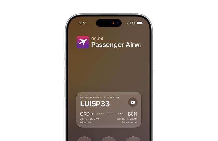 iPhone 17, displaying Call Context feature powered by Apple Intelligence. Screen shows airline confirmation details while on a call
