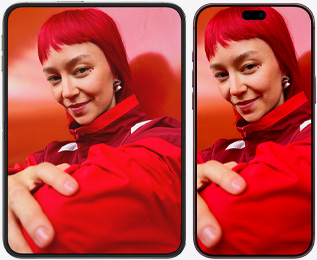 iPhone Duo opened in vertical position and iPhone 18 Pro Max side by side, both with the same image of a person with red hair who is dressed in red, iPhone Duo showing more of the image due to the larger screen