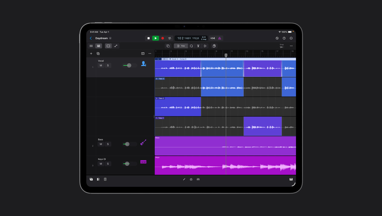 iPad Pro 13 screen showing workspace with rows of different soundwaves, instruments list to the left, record button at the top of the screen