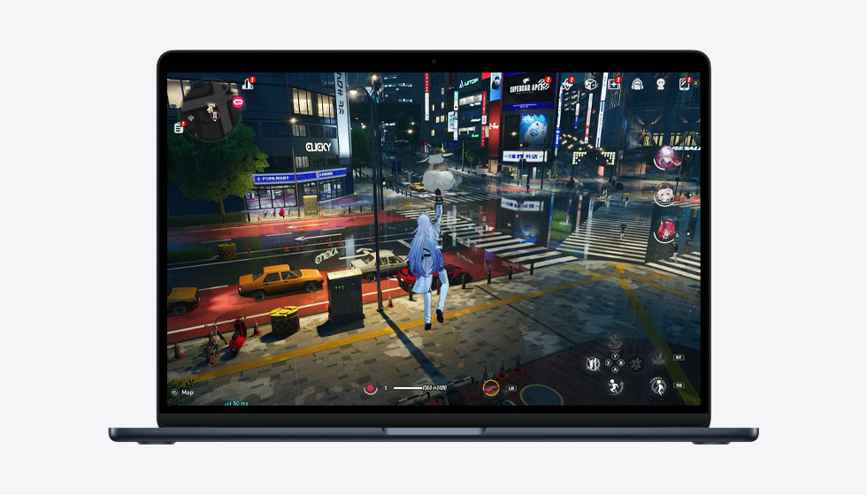 Ekran MacBooka Air, na którym widać grę prezentującą możliwości czipa M5