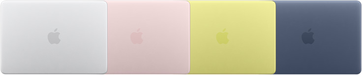 四部 MacBook Neo 機型機身，展示四種不同的外觀