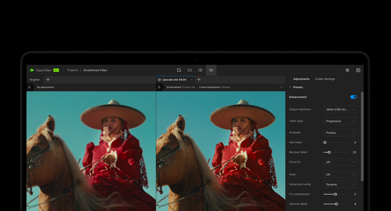 MacBook Proの画面に、Topaz VideoでAIを使ってビデオを補正している様子が表示されている