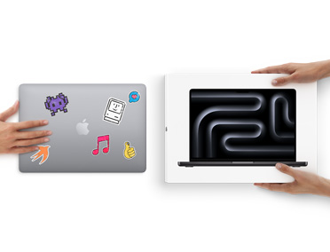 1つの手が、カバーにステッカーを貼ったMacBookを、2つの手が持っている箱に入った新しいMacBookに向かってスライドさせている