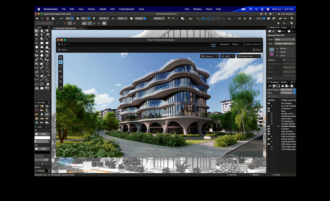 MacBook Pro screen showing Vectorworks Design Suite with Maxon Redshift