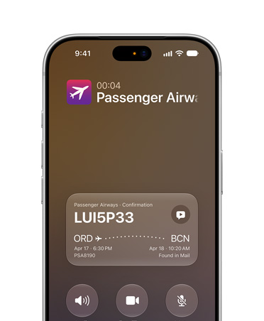 iPhone 18 Pro, Silver, displaying Call Context feature powered by Apple Intelligence. Front screen shows airline confirmation details while on a call