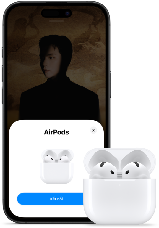 Một hộp sạc đang mở có AirPods 5 bên trong, đặt bên cạnh iPhone hiển thị thông tin cho biết AirPods 5 đã được kết nối.