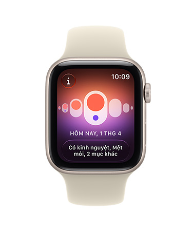 Apple Watch SE 3, vỏ nhôm, màu ánh sao, thông báo ước tính ngày rụng trứng từ Theo Dõi Chu Kỳ trong ứng dụng Sức khỏe, Digital Crown, Dây Đeo Thể Thao, màu ánh sao