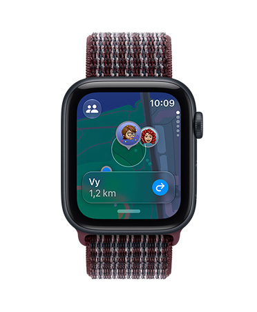 Apple Watch SE 3, aluminum case, midnight color, screen shows Find My app (memojis on a map background), right side exterior, Digital Crown dial, Sport Loop band, burgundy plaid color