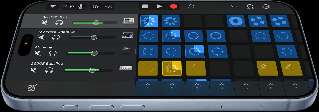 iPhone 18 Pro màu băng thanh hiển thị giao diện người dùng của ứng dụng sản xuất nhạc Logic Pro